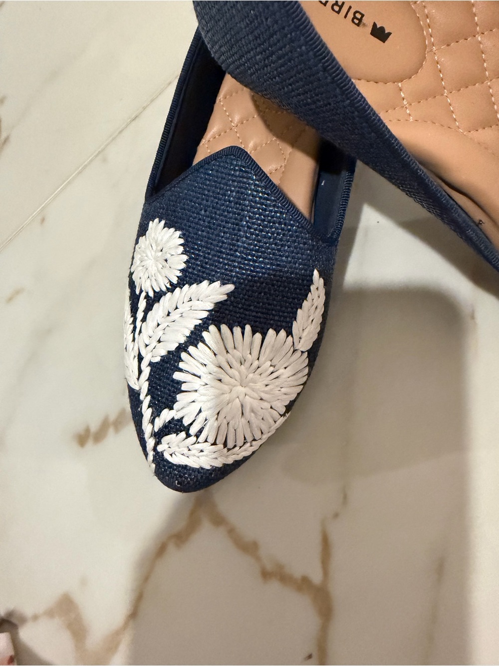 Birdies Navy Pointed-Toe Flats with White Floral Embroidery - Picture 3 of 5